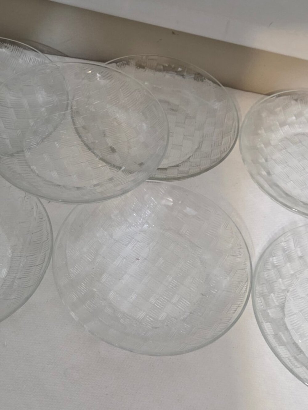 VINTAGE SET OF 7 FORTECRISA MEXICO CLEAR GLASS BASKET WEAVE SOUP BOWLS 7 1/2"